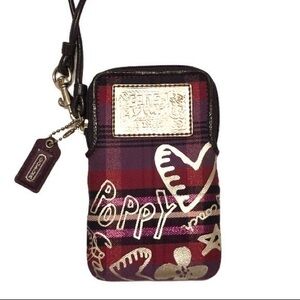 Coach pink purple plaid wristlet pouch card case